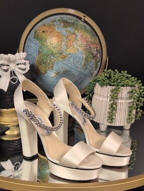 Jimmy Choo Ivory Santina Satin Platform Heels with Crystal Strap